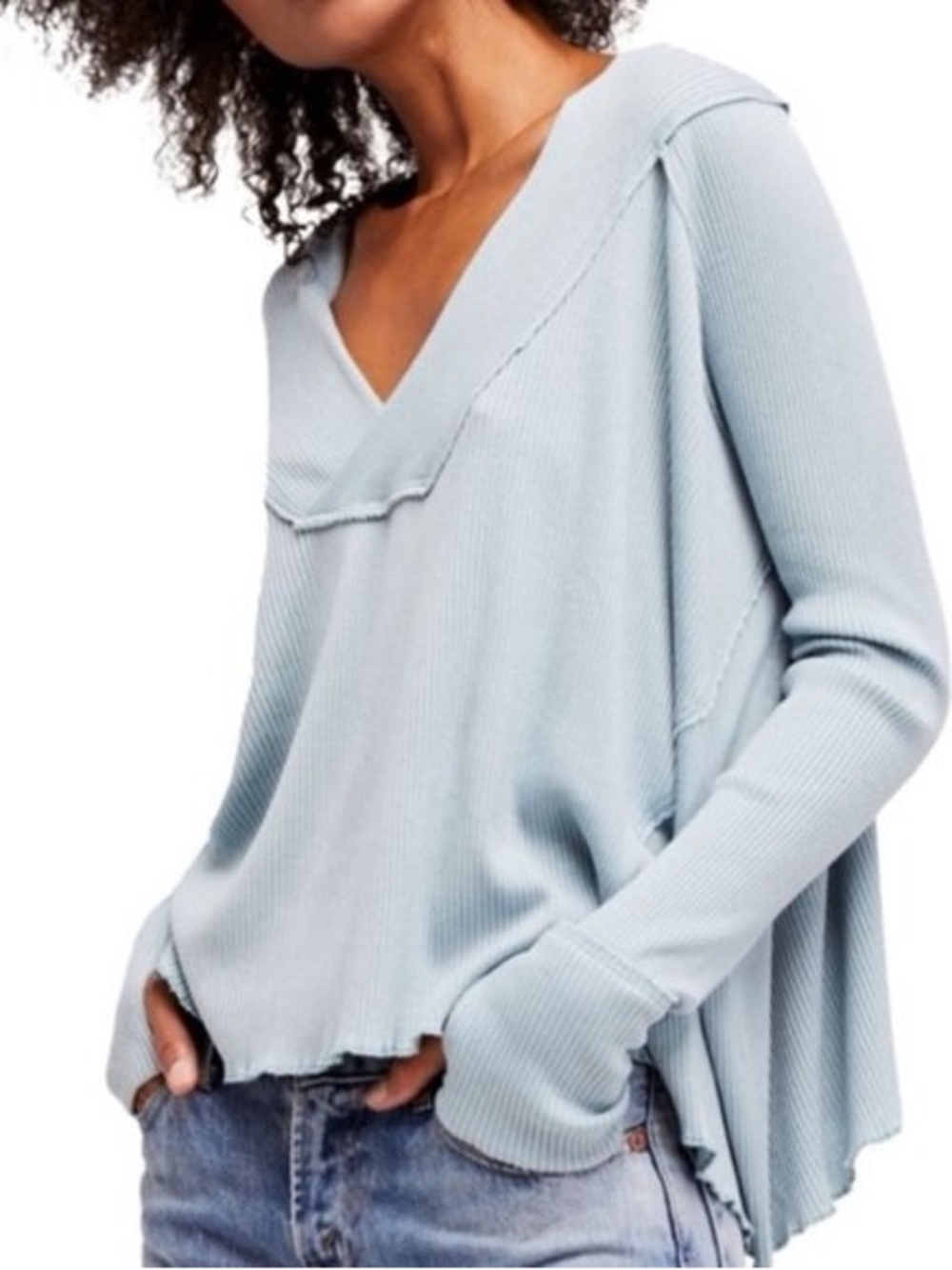 We The Free Light Blue V-Neck Ribbed Pullover